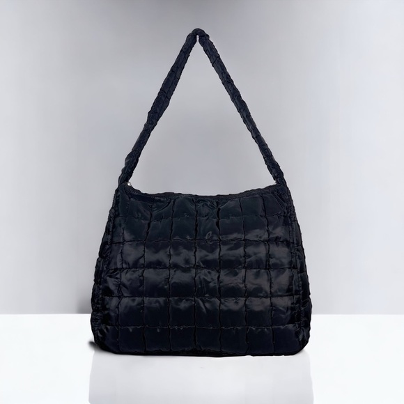 Black Quilted Puffer Shoulder Bag Carryall Tote Bag Hobo Handbag Nwt - Picture 1 of 10